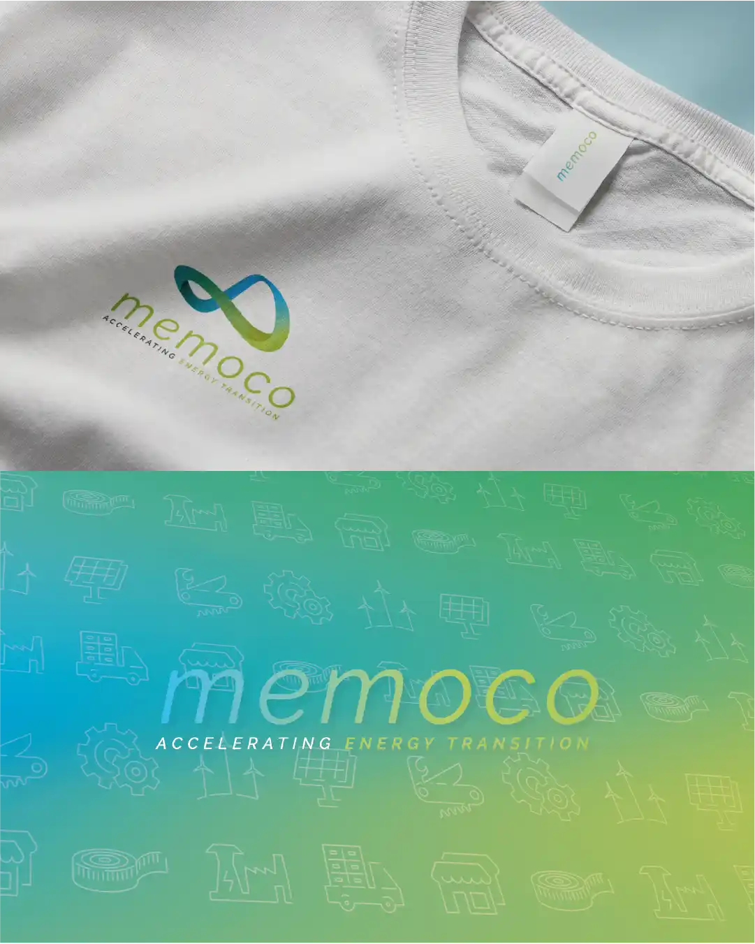 Univers de marque allant du logo aux pictogrammes et textures de la marque de solutions énergétiques éco-responsables Memoco.